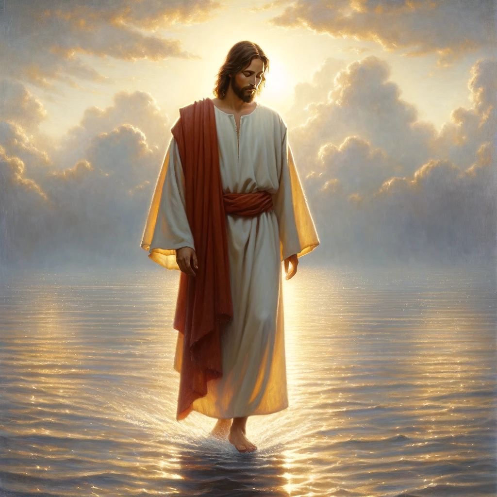 DALLE 2024 04 24 21.55.39 A serene painting of Jesus walking on water. The scene is set at dawn with soft golden sunlight breaking through scattered clouds casting a gentle